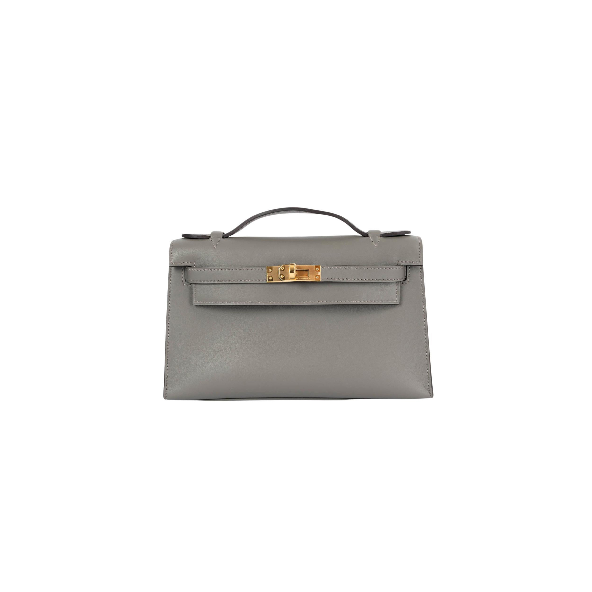 HERMÈS MASTER GRIS MEYER GRAY SWIFT LEATHER KELLY POCHETTE CLUTCH BAG W GOLD (22*14*7cm) 